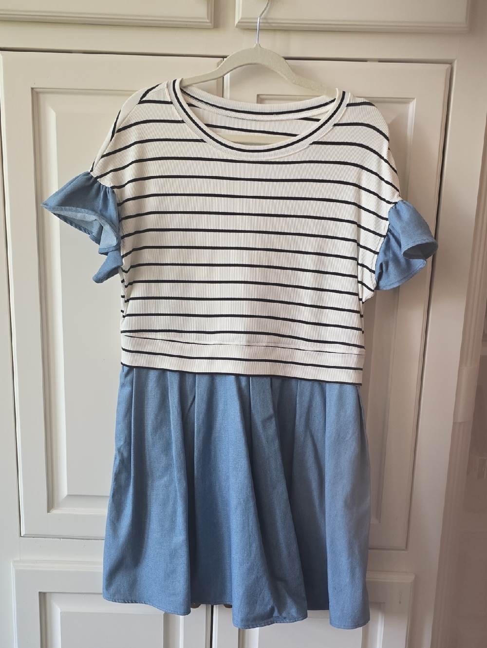 Striped Cream & Black Top with Chambray Blue Skirt Dress